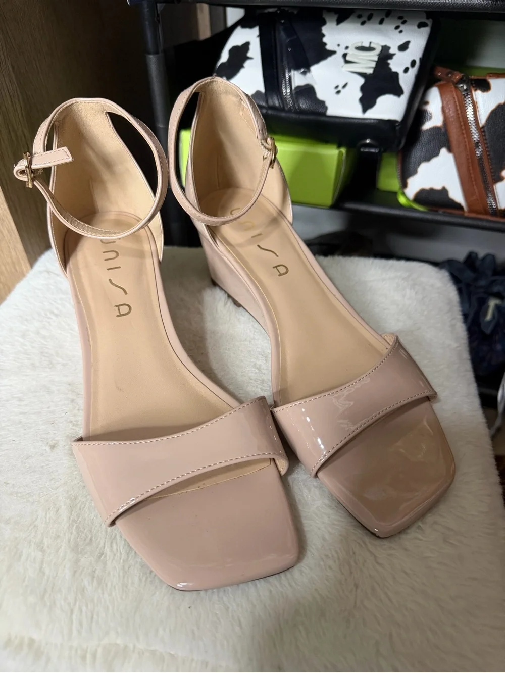Unisa Beige Patent Ankle Strap Wedge Sandal